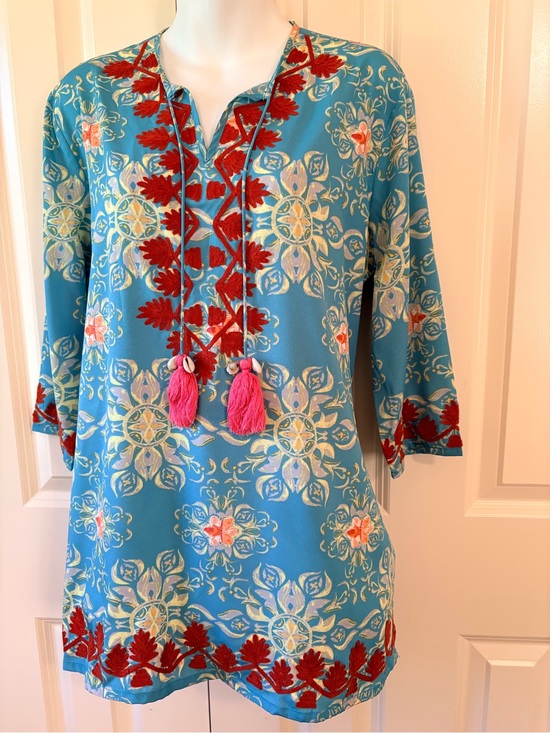 Moda Posa Tops - Blue Floral Embroidered Tassel Tunic, size M
